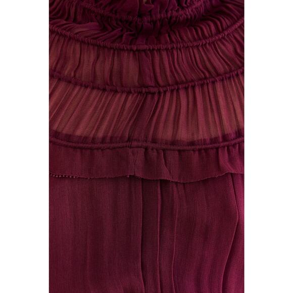 Farm Rio Ruffle High Neck Chiffon Burgundy Blouse XS - Picture 14 of 15